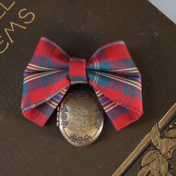 Vintage 1950s Plaid Tartan Gold Oval Locket Brooch Pin - Picture 4 of 9